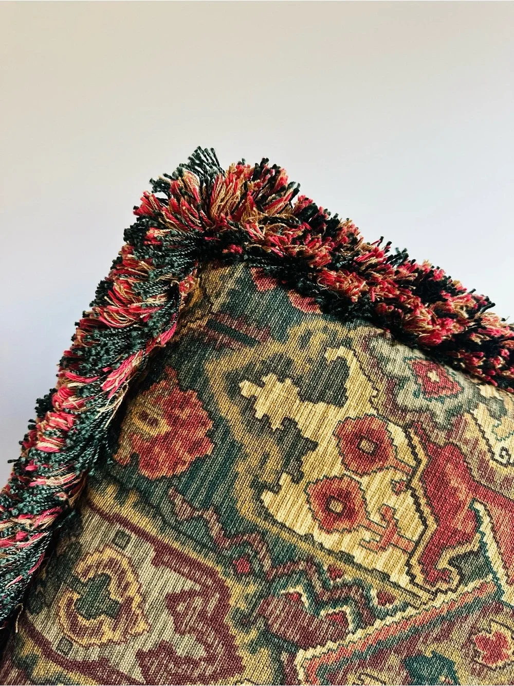 Vintage Chenille Tapestry Pillow Kilim Turkish Rug Pattern Fringe Boho 20x15